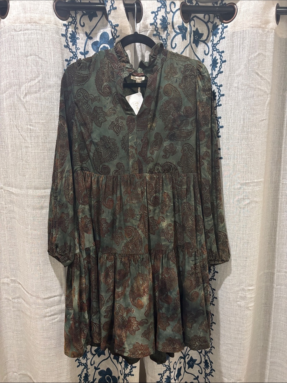 JODIFL Green Paisley Tiered Long-Sleeve Mini Dress